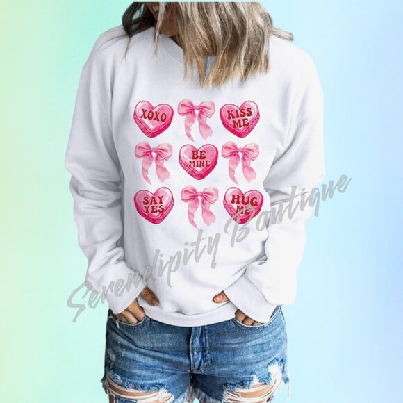 Candy Hearts & Pretty Bows White & Pastels Cotton Sweatshirt - Picture 2 of 8